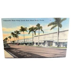 Vintage‎ Linen Postcard Miami Beach Florida Palm Trees Saks Fifth Ave Shopping